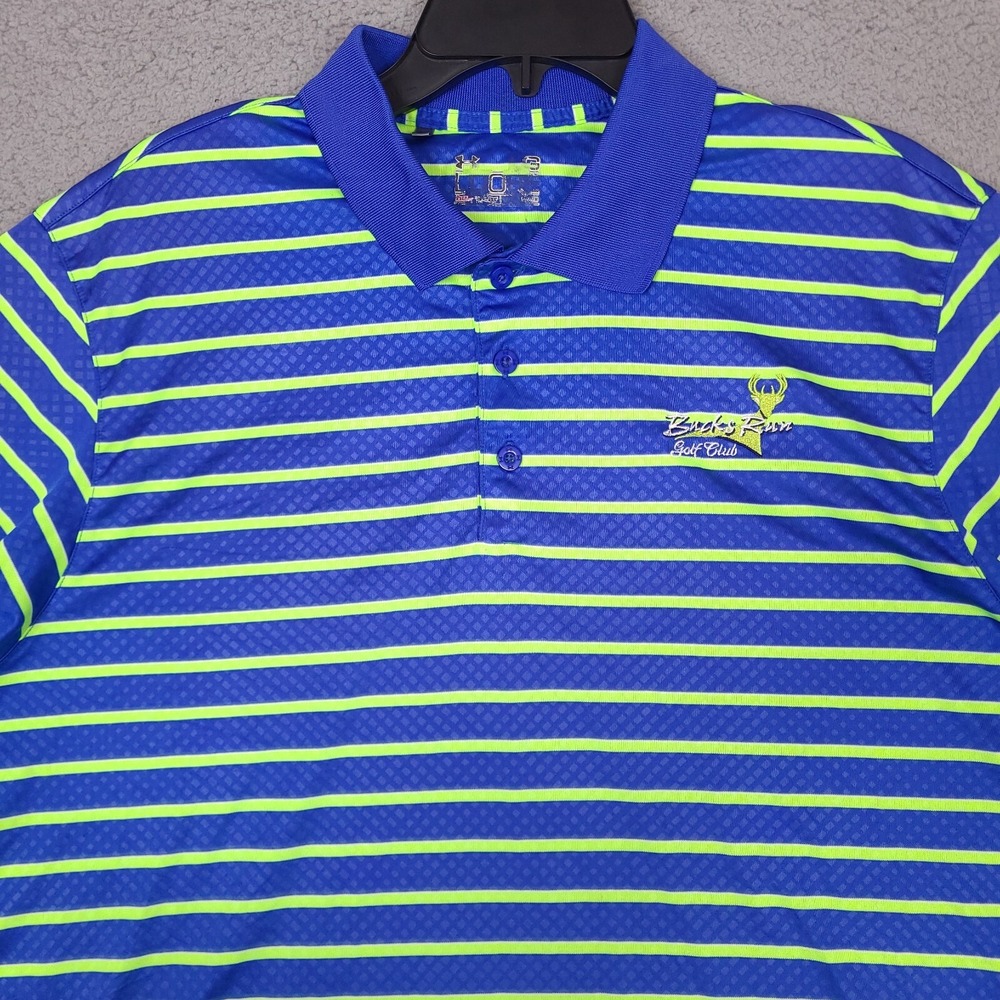 Under Armour Polo Shirt Mens Large Blue Striped Buck Run‎ Golf Club Heatgear